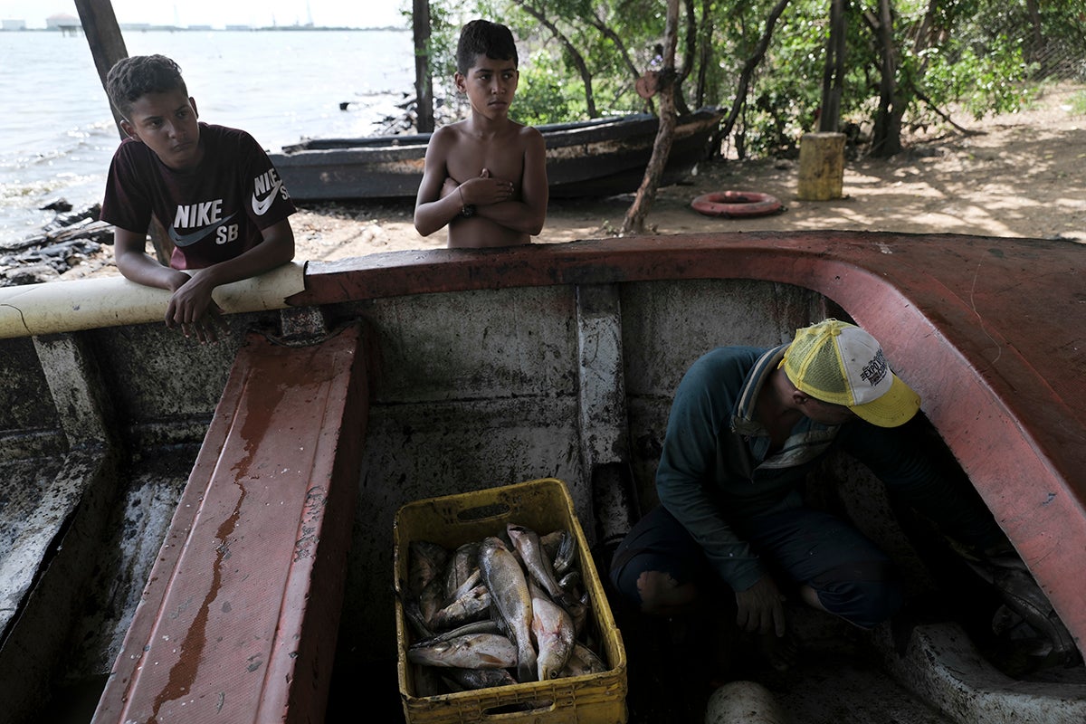 (Arriba) Joendry Rangel pesca en las aguas del lago de Maracaibo junto a una plataforma petrolera abandonada. (Abajo) Carlos Uribarri cuenta el número de piezas capturadas para luego venderlas en el mercado
