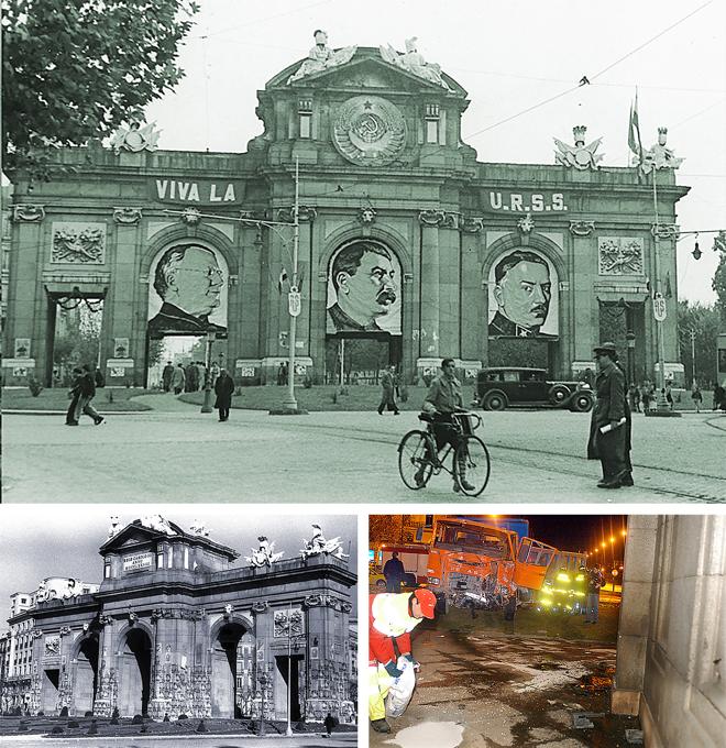 1936 y 2006. La Puerta, con los carteles electorales y de propaganda en la Segunda República y dañana por un camión robado en 2006