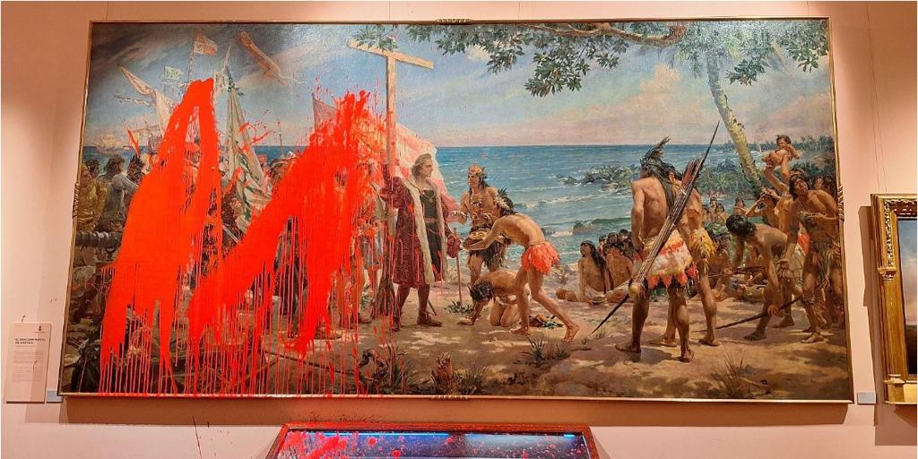 Vandalizan un cuadro de Colón en el Museo Naval en protesta por el Día de la Hispanidad