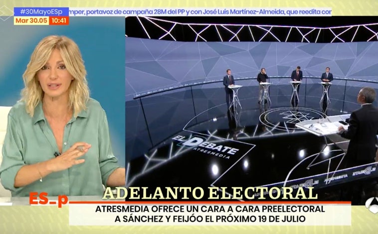 Imagen principal - Susanna Griso, durante el anuncio de la propuesta de Antena 3 de realizar un debate entre los candidatos.