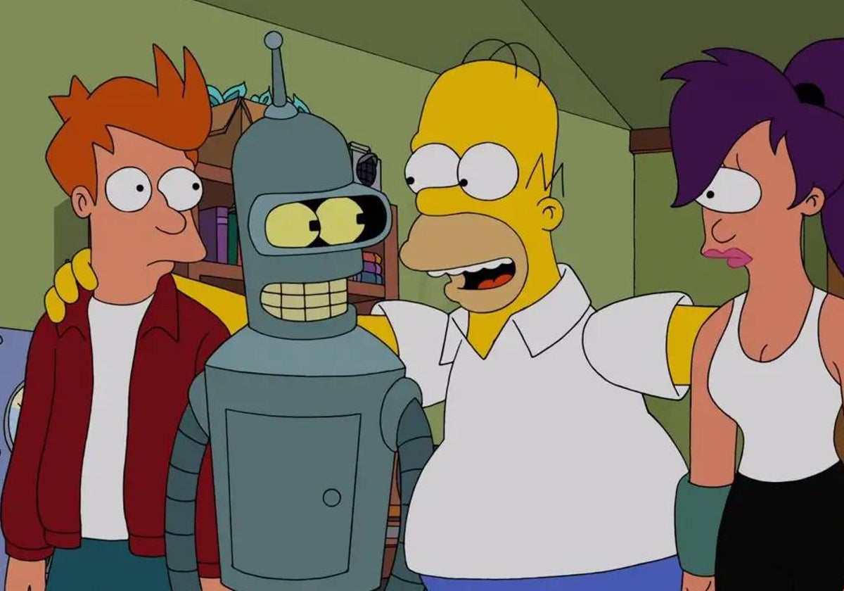 Fry, Bender, Homer Simpson y Leela, en un capítulo antiguo de 'Futurama'