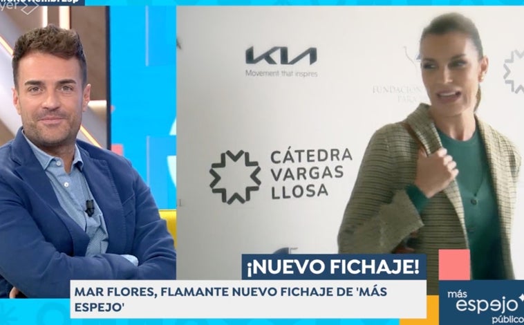 Imagen principal - Miquel Valls atiende al vídeo presentación de Mar Flores como nueva colaboradora de 'Espejo Público'.