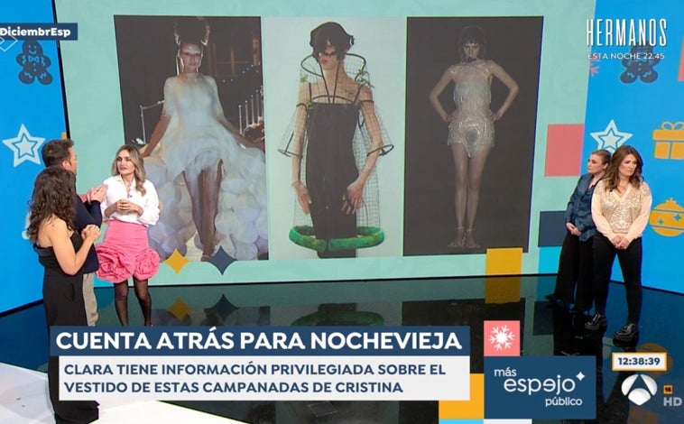 Imagen principal - Clara Courel dio en 'Espejo Público' algunas opciones del diseño que podría lucir Cristina Pedroche para las Campanadas de Antena 3.