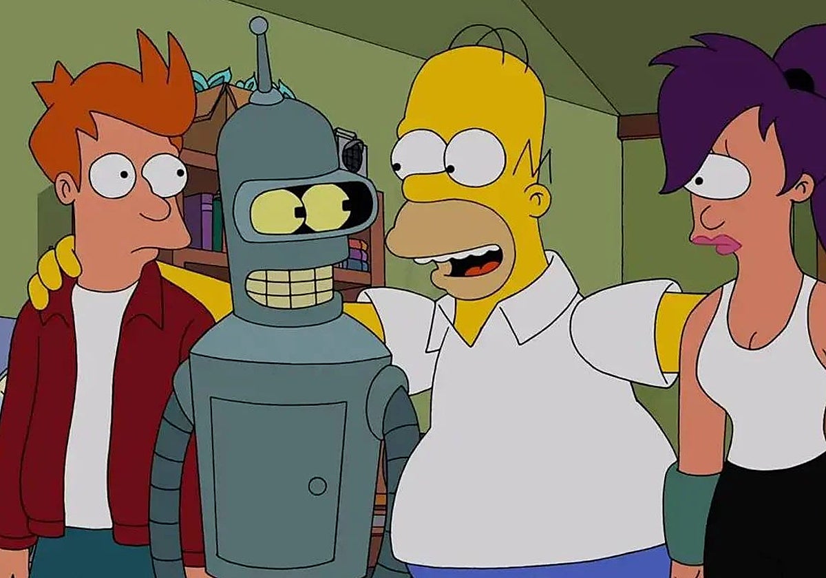 Fry, Bender, Homer Simpson y Leela, en un capítulo antiguo de 'Futurama' Disney+