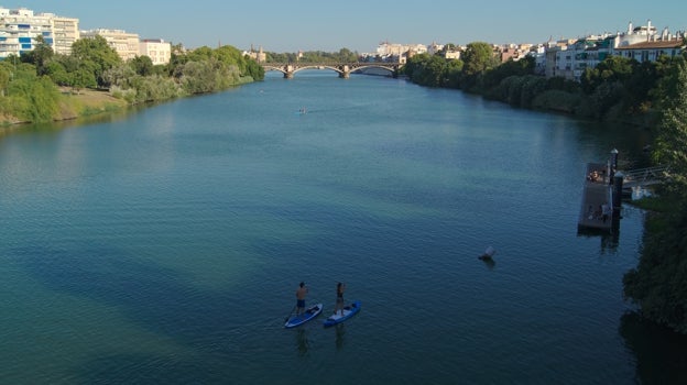 Fotografía de dos personas practicando paddle surf en el río Guadalquivir