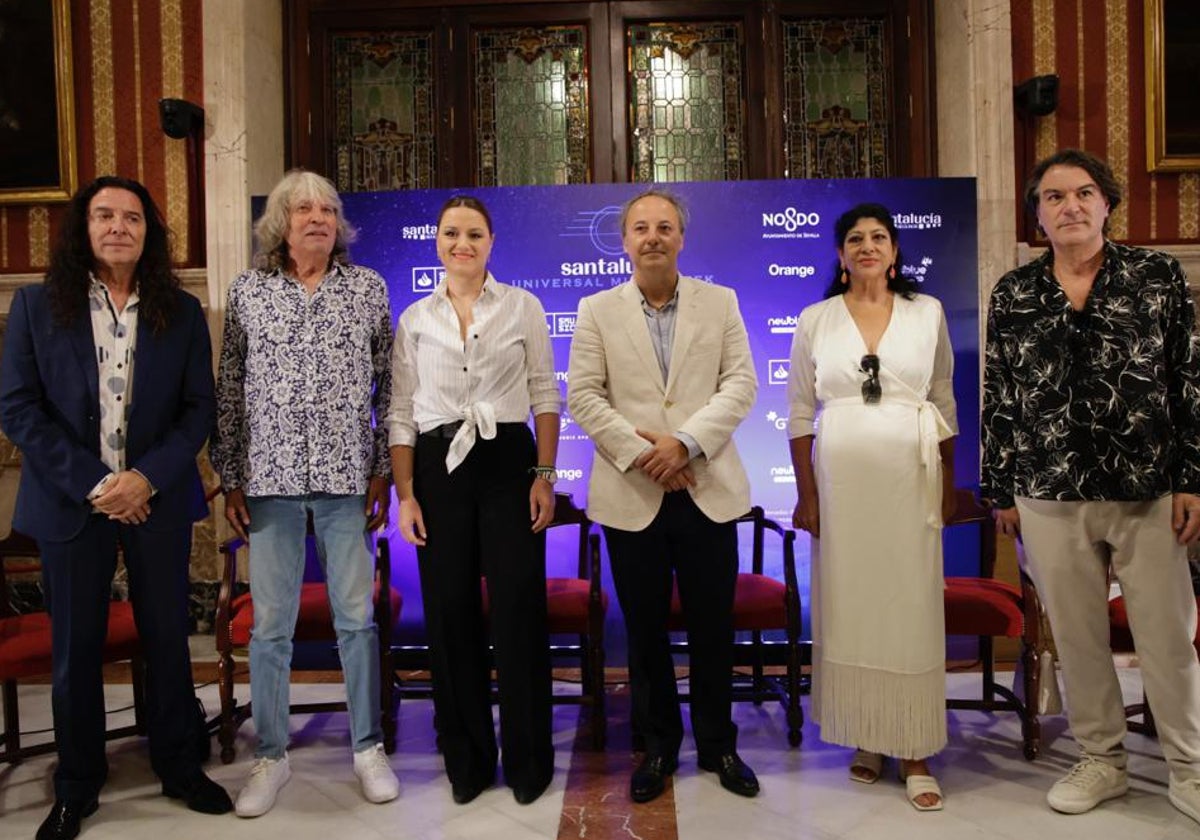 Tomatito, José Mercé, Minerva Salas, Narcís Rebollo, Manuela Carrasco y Dorantes, durante la presentación de la Santalucía Universal Music Week