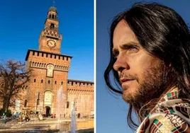 Graban al actor estadounidense Jared Leto escalando  el Castillo de Sforzesco en Milán