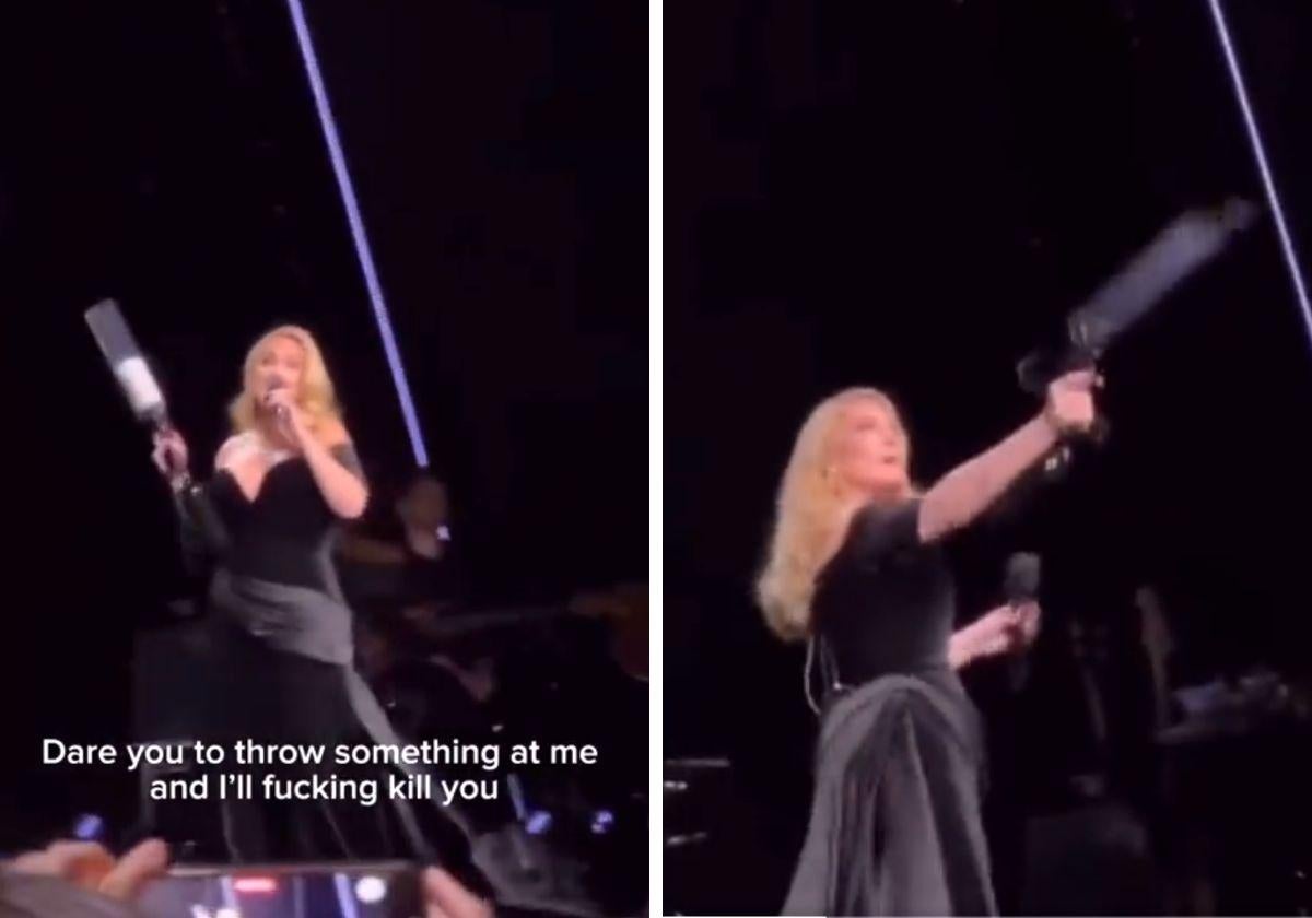 Adele con una pistola de camisetas sobre el escenario