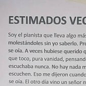 La carta de un pianista pidiendo perdón a sus vecinos al enterarse de que lleva dos años molestando: «Pueden pasar y escuchar»