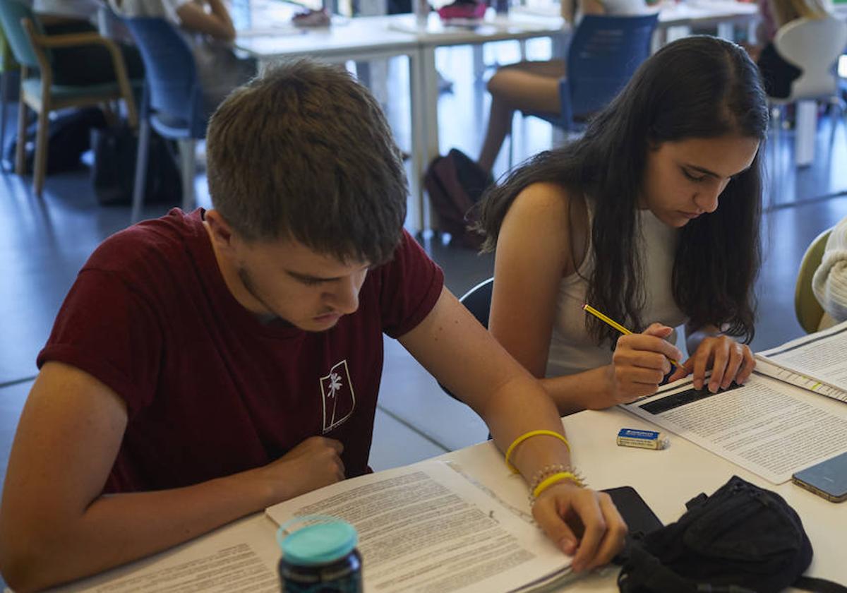 Unos estudiantes en una biblioteca