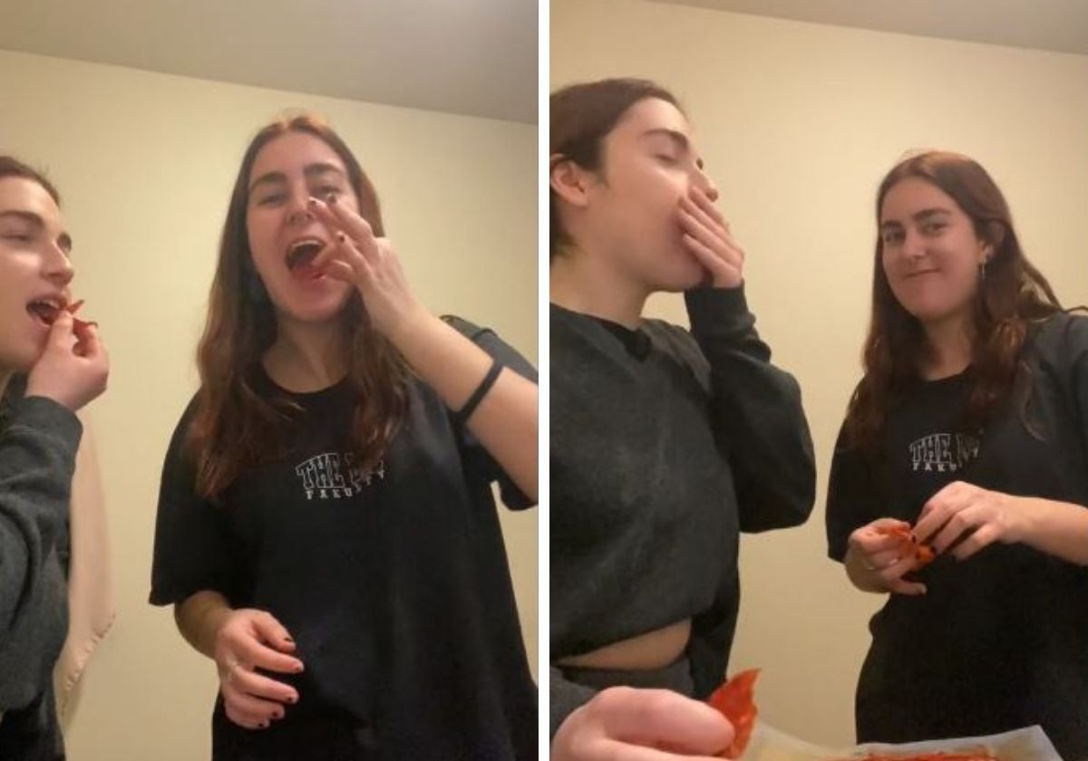 Katherina y Helena, probando jamón y chorizo