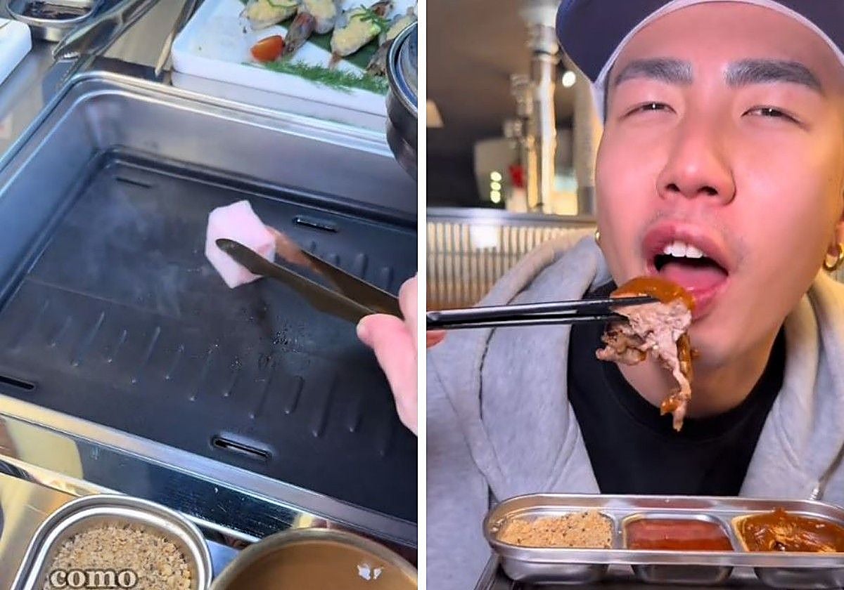 Eric, mostrando todo lo que se prepara en la parrilla asiática