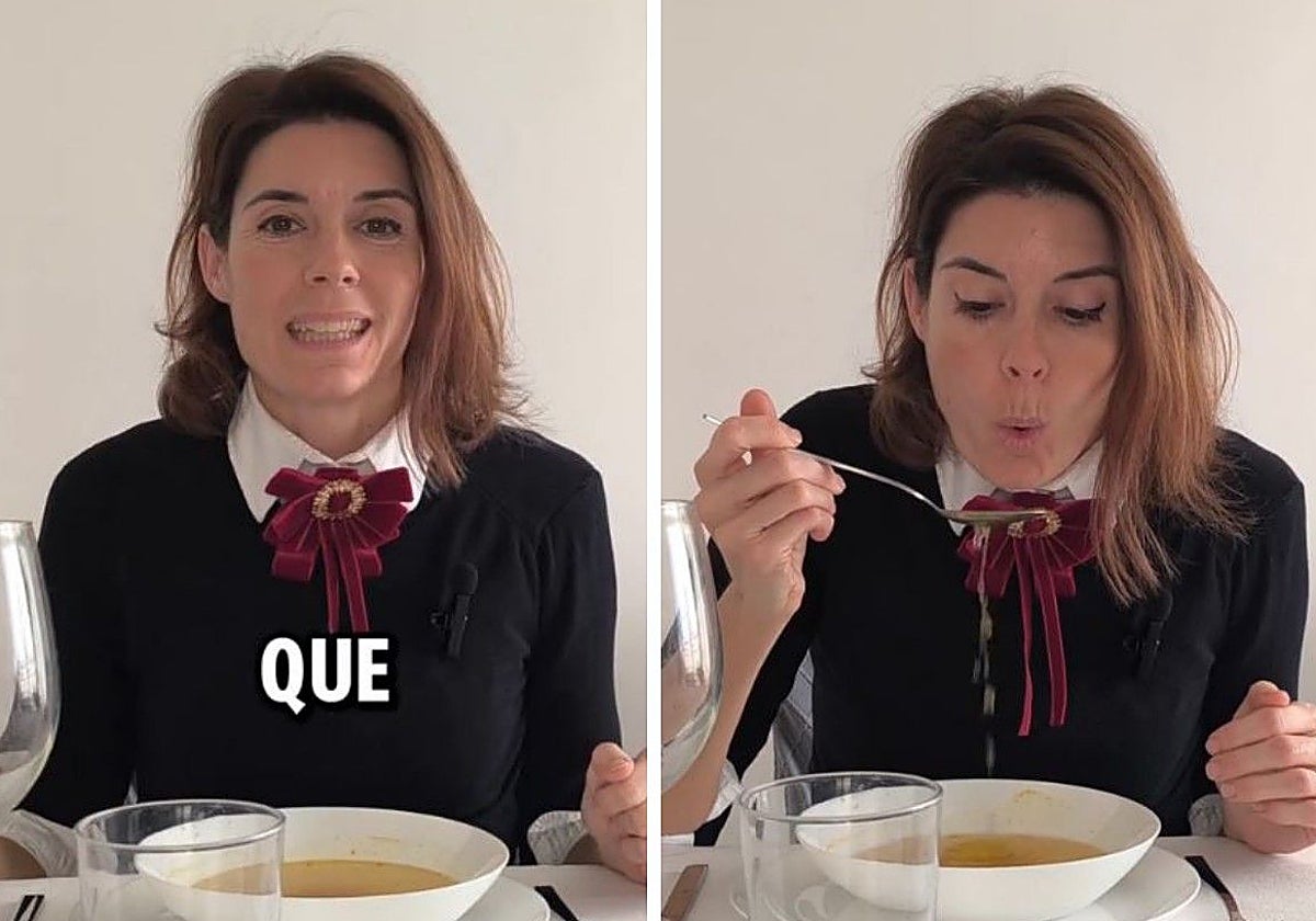 María José enseñando cómo se debe tomar correctamente la sopa