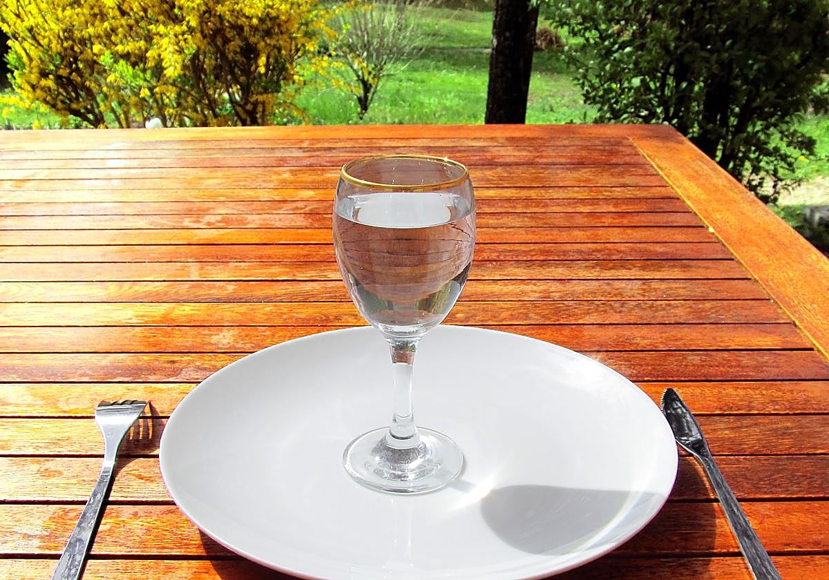 Plato de comida vacío con un vaso de agua