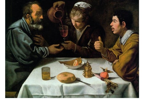 Imagen secundaria 1 - Arriba, 'Cristo en casa de Marta y María' (1618), lienzo que se encuentra en la National Gallery de Londres. Sobre estas líneas, a la izquierda, 'El almuerzo' o 'Almuerzo de campesinos' (1618-1619), que se expone en el Museo de Bellas Artes de Budapest; a la derecha, detalle de 'El aguador de Sevilla' (c. 1620), obra que Fernando VII le regaló al duque de Wellington por su ayuda en la Guerra de la Independencia.