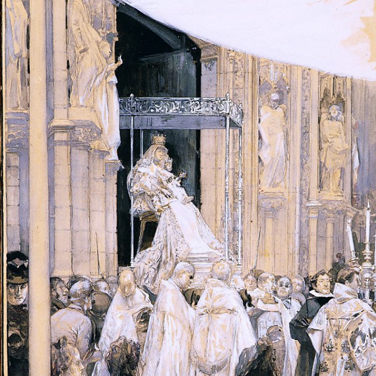 Guapas cigarreras ante la Virgen de los Reyes