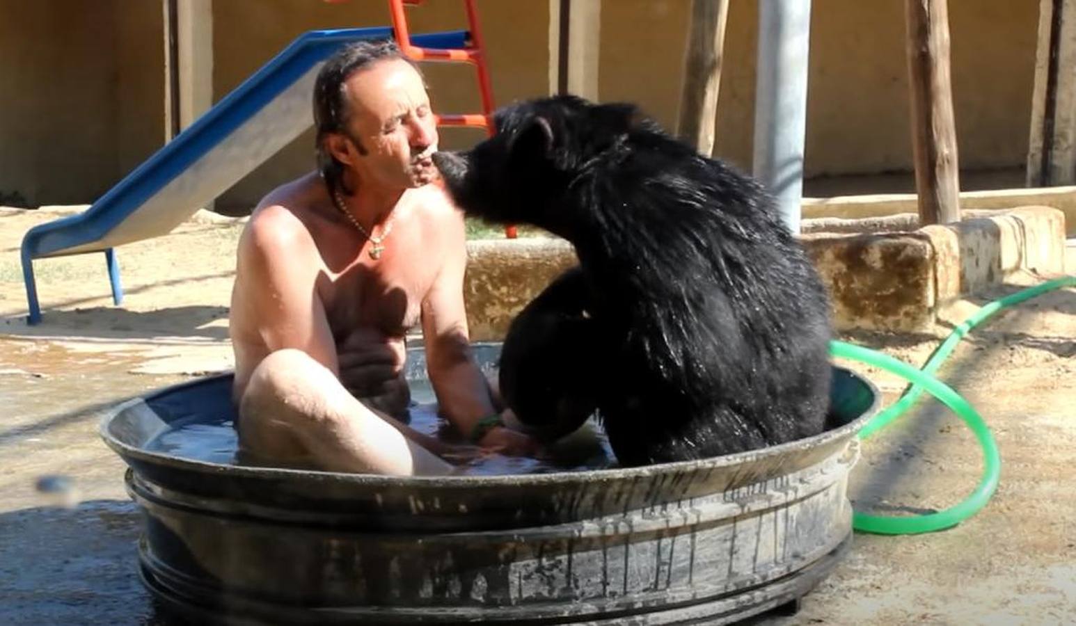 La chimpancé Gina, junto al director de Mundopark, Juan Luis Malpartida