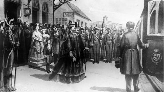 Grabado de Isabel II junto a su marido