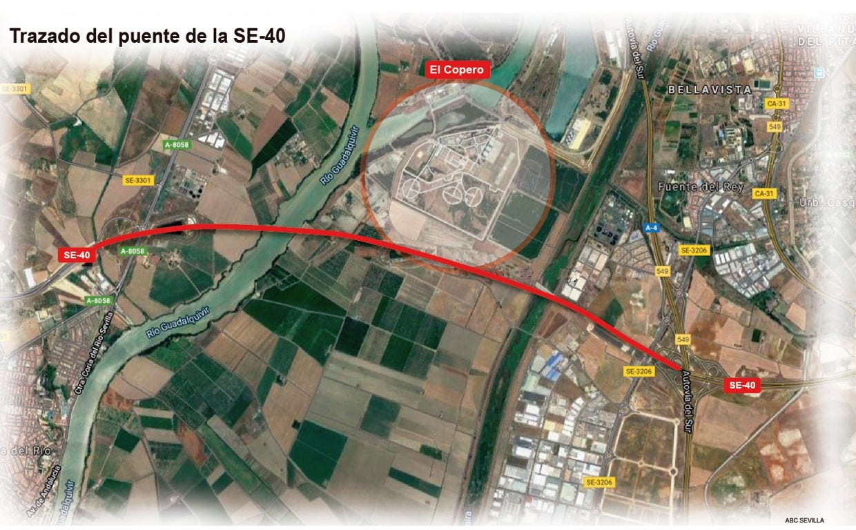 Recreación del paso de la SE-40 por el río Guadalquivir y la base del Copero