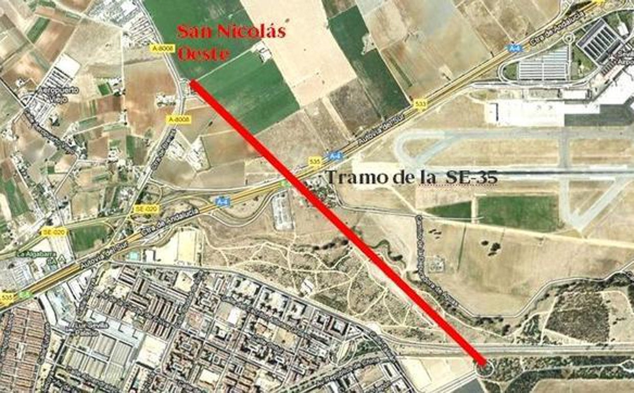 Trazado de un tramo de la SE-35 entre Sevilla Este y el aeropuerto