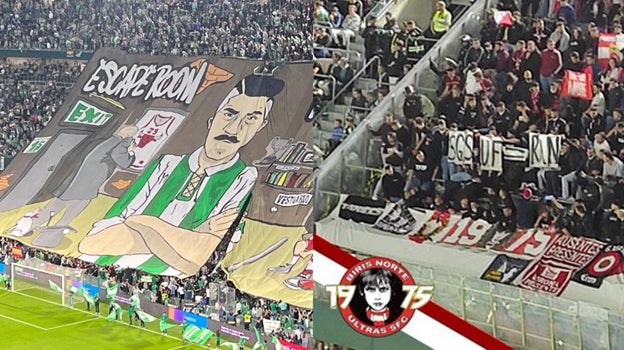 El tifo de los aficionados del Betis y uno de los mensajes alusivos a la reyerta en la grada donde se concentraron los aficionados del Sevilla
