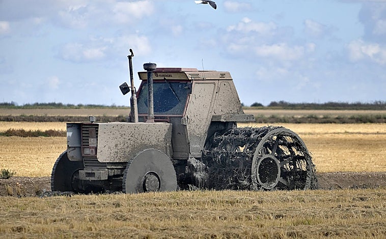Imagen principal - Arriba, el sector agrícola ha sufrido la sequía y el incremento de precios de combustibles, energía o fertilizantes, a lo que ahora se sumará en 2023 las pérdidas que le reportarán la PAC. Abajo a la izquierda, factoría de Renault Group en Sevilla, que gracias a las cajas híbridas y eléctricas ve garantizar su futuro; y abajo a la derecha, la plantilla de Abengoa sigue menguando por la fuga de talento mientras su futuro se decide en los jugados mercantiles, donde varias empresas han presentado ofertas de compra.
