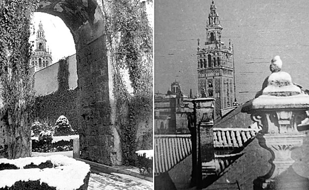 La Giralda acompañada de tejados y suelos nevados