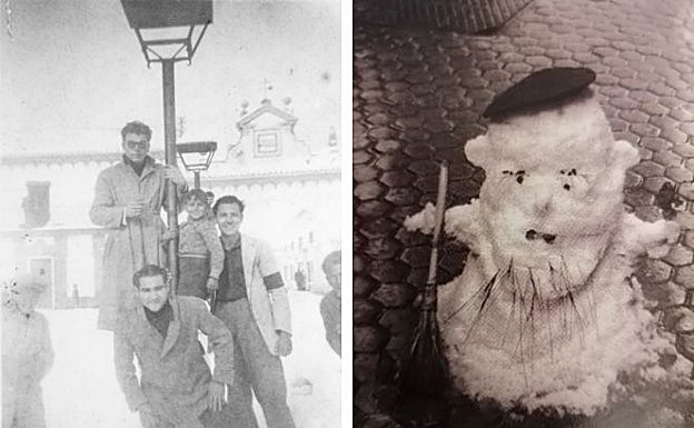 Sevillanos posando en la calle Reyes Católicos y uno de los muchos muñecos de nieve que se hicieron aquel día