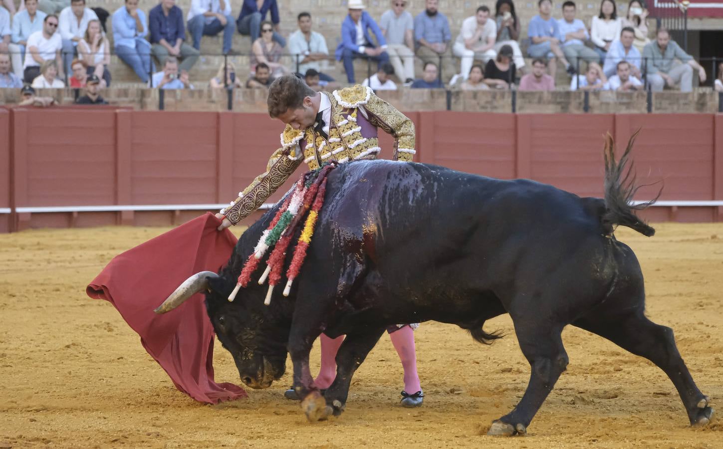 Calerito, en la corrida del dieciséis de abril de 2023 en la Plaza de Toros de Sevilla 