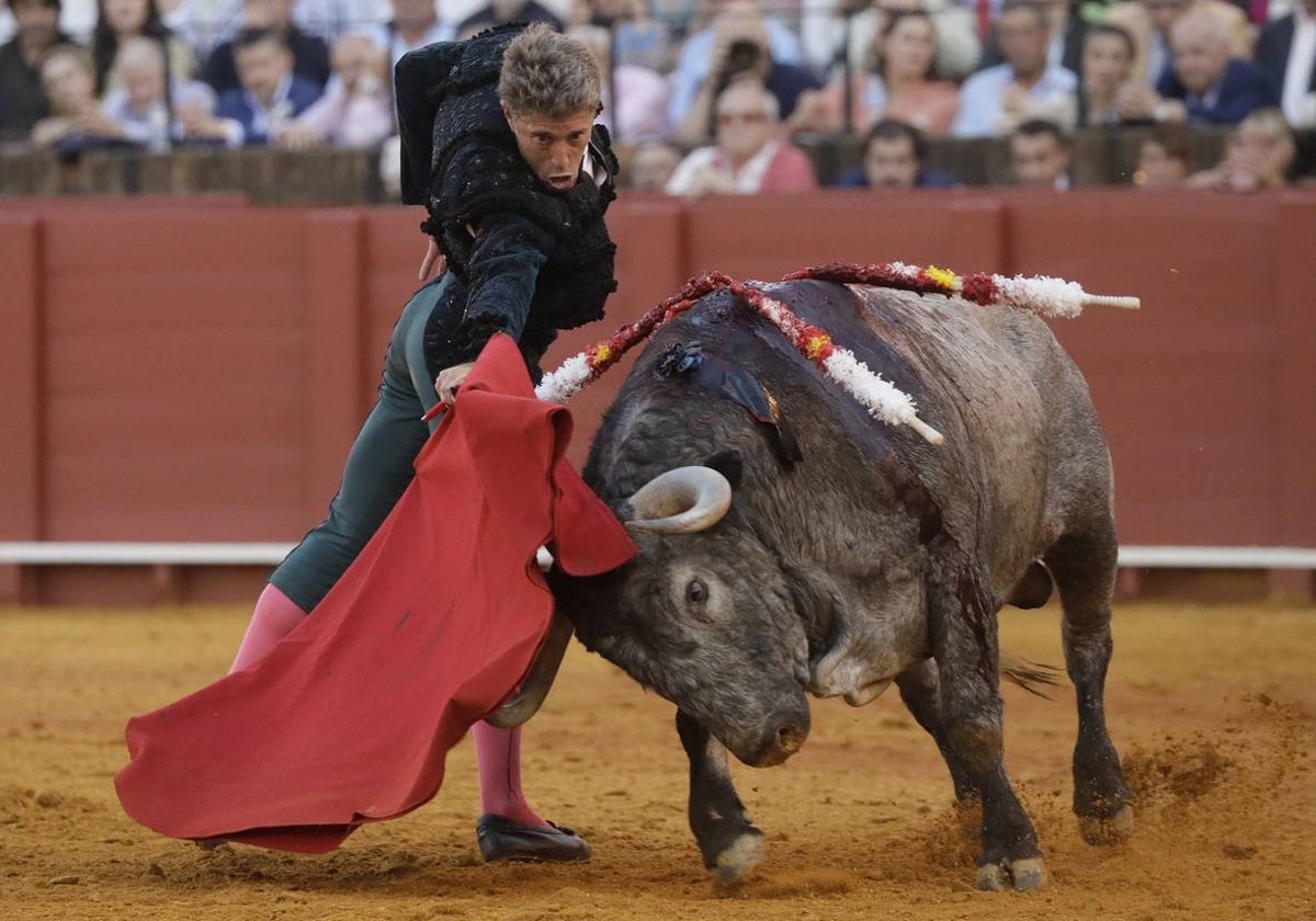 Manuel Escribano, con la muleta, en un momento de su faena en la plaza de toros de Sevilla