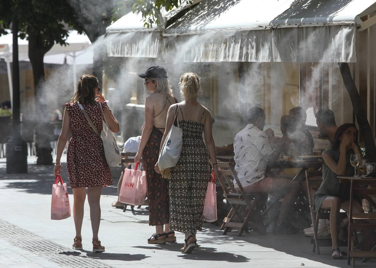 En el centro de Sevilla solo podían verse a algunos valientes turistas que desafiaban el calor