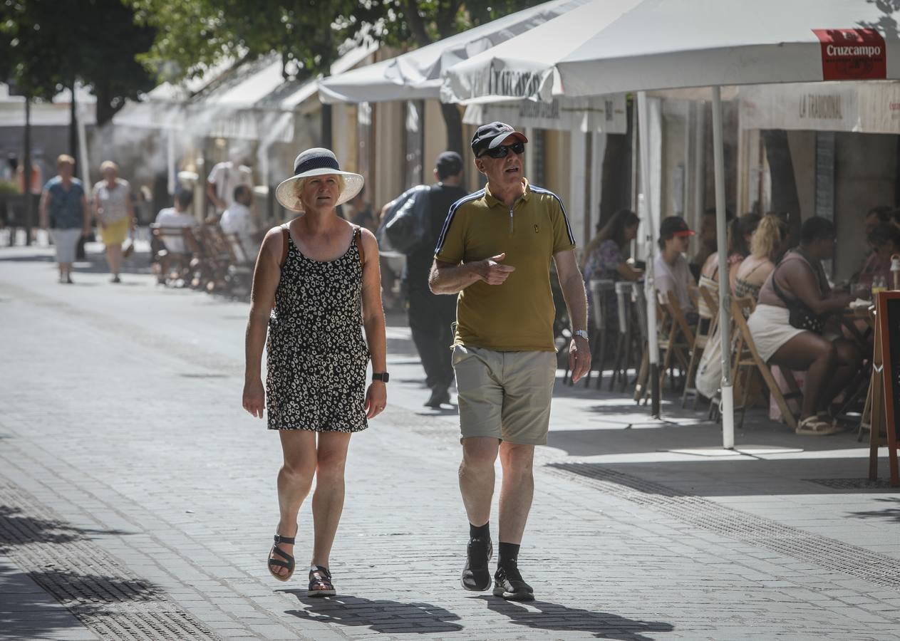 En el centro de Sevilla solo podían verse a algunos valientes turistas que desafiaban el calor