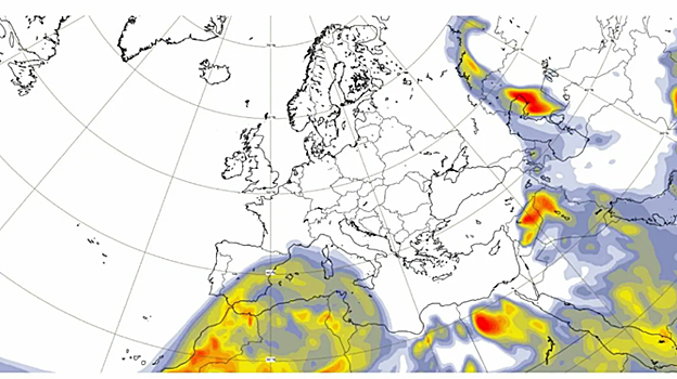 Previsión de la masa de aire y polvo en suspensión que entraría a España desde África en la tarde del lunes