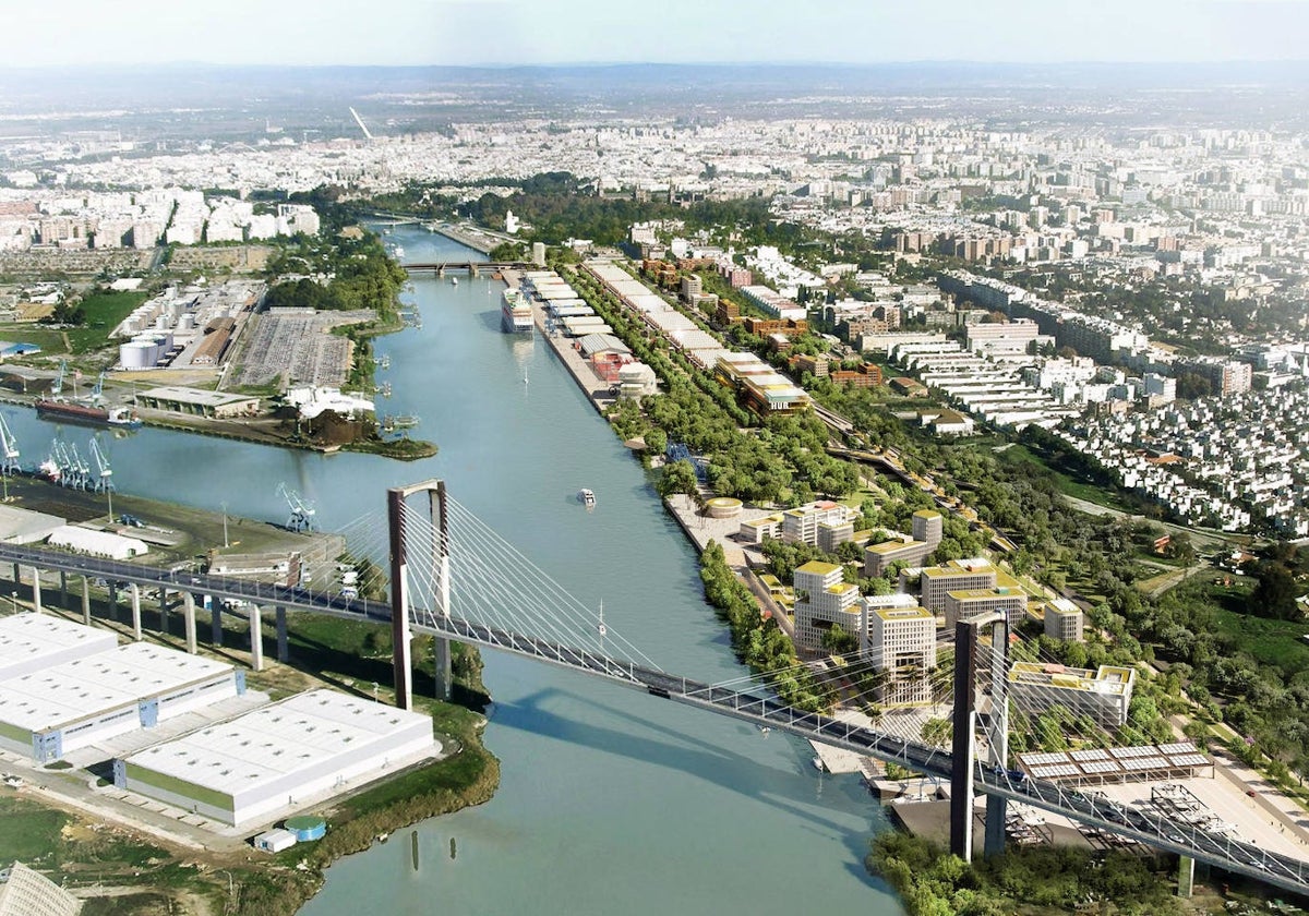 El río Guadalquivir en una imagen aérea a su paso por el puente del Centenario