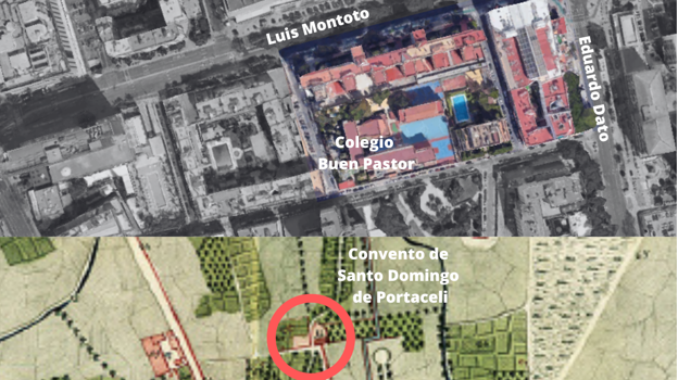 Imagen comparativa de dónde se situaba el convento en el plano de Manuel Spinola de 1827 (Estudios Geográficos) y dónde se situaría en un mapa de 2023