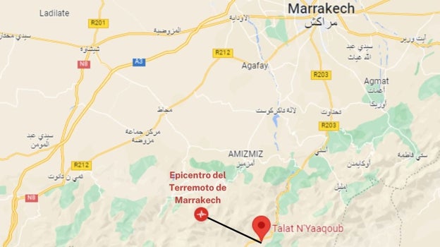El mapa muestra la distancia entre el epicentro del terremoto y Talat