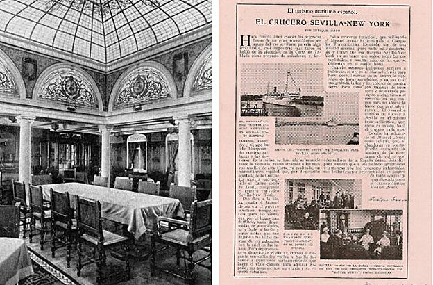 Comedor del interior del barco y una de las páginas publicadas en Blanco y Negro