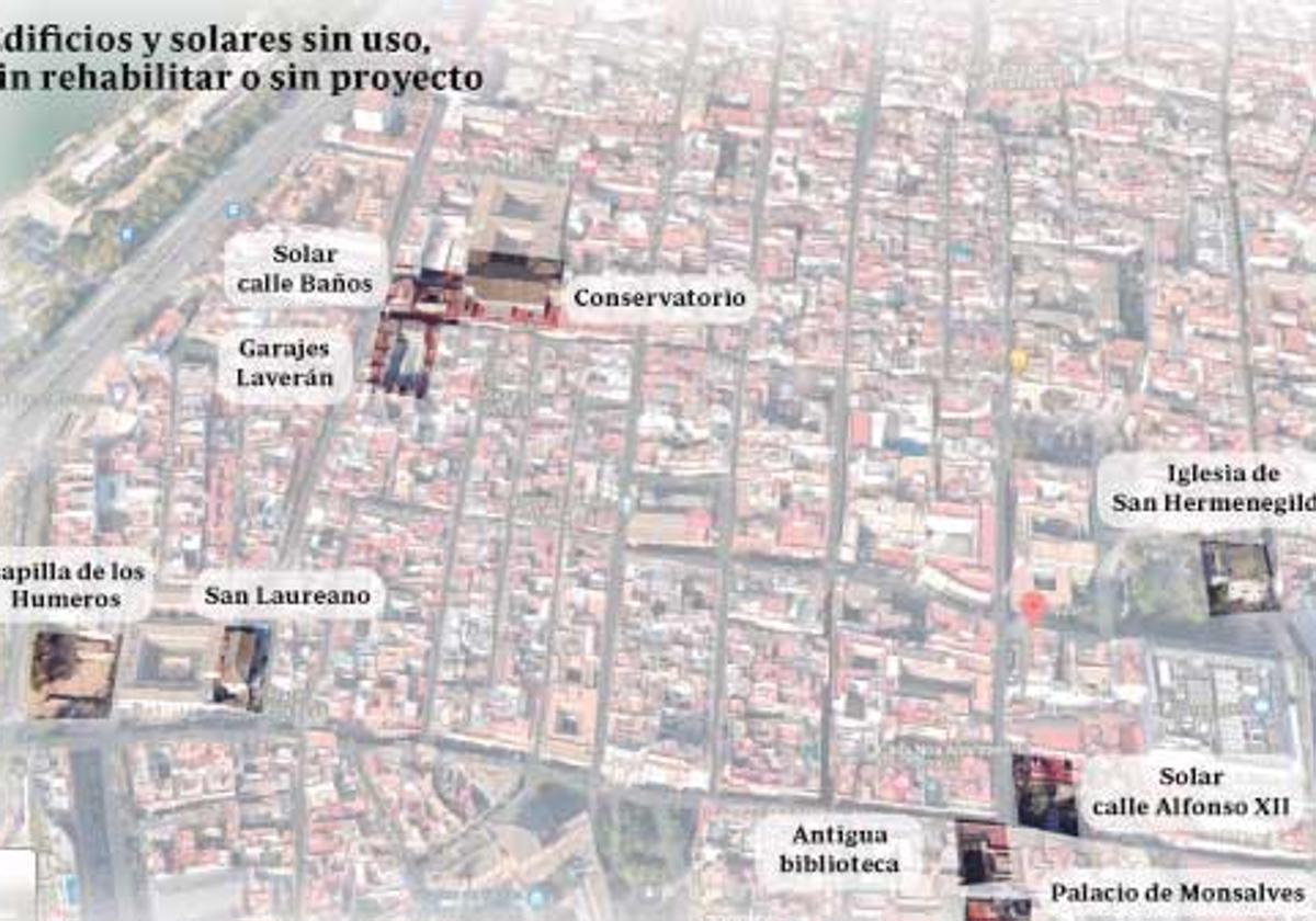 Mapa de los edificios o solares sin uso, sin rehabilitar o sin proyecto