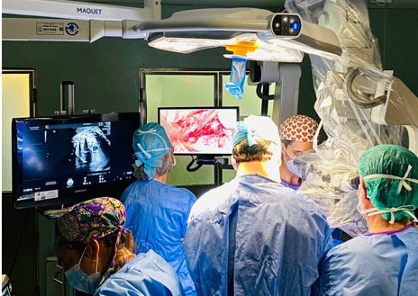 Imagen secundaria 1 - Arriba, la familia al completo con el doctor Guillermo Antiñolo. Debajo, un momento de la intervención y otra imagen de la familia en la explanada del Hospital Maternal del Virgen del Rocío de Sevilla