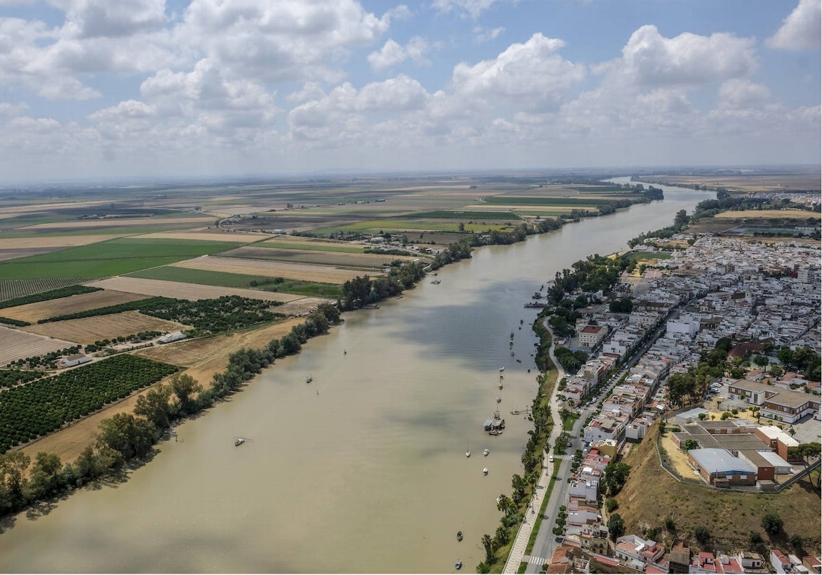 Vista aérea del río Guadalquivir a su paso por Coria del Río