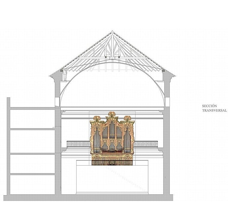 Recreación de cómo quedaría el órgano en la iglesia en el caso de que se elevara en una plataforma de gran altura