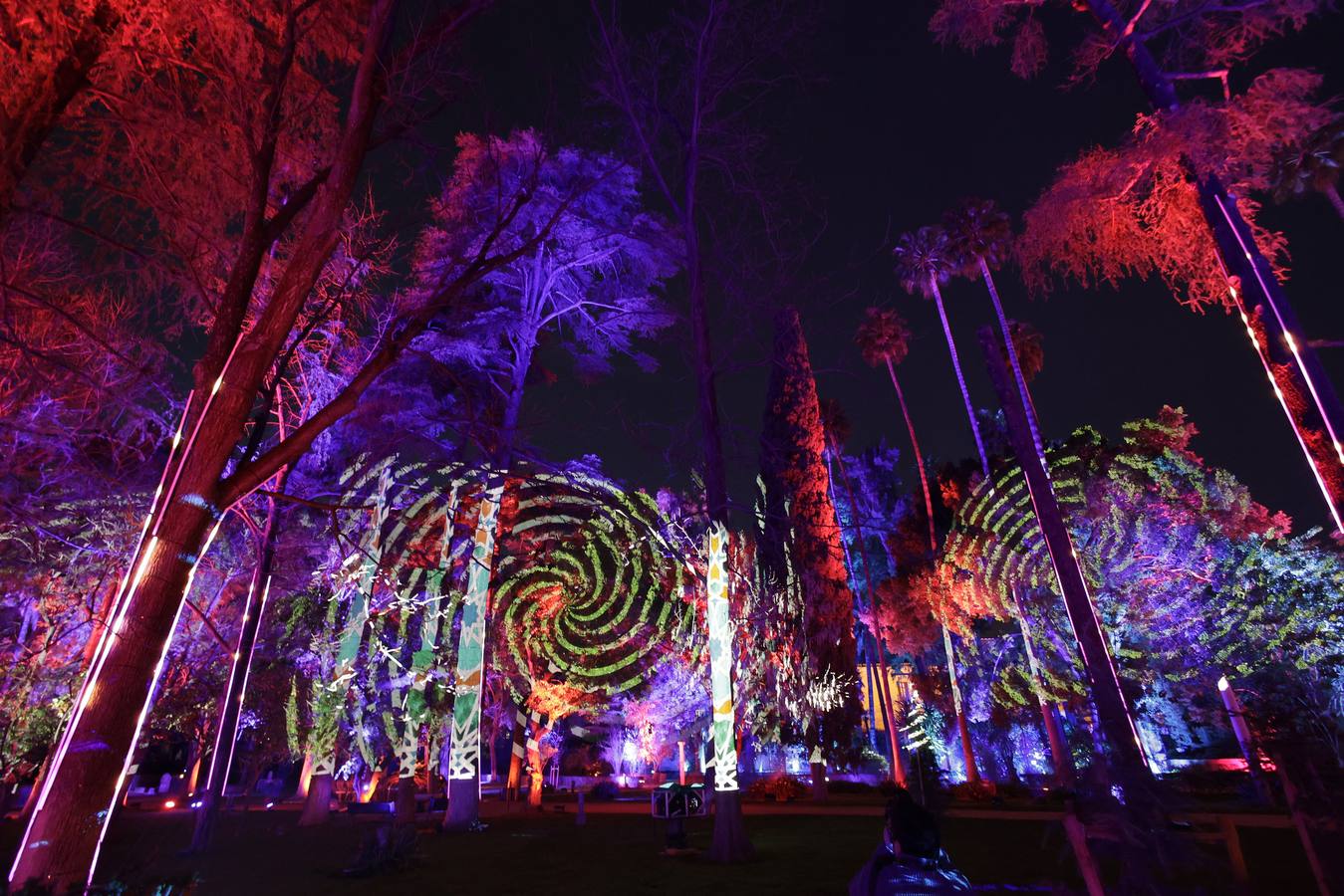 Los jardines del Alcázar durante el espectáculo de luz y color que aumenta aún más si cabe la belleza de este espacio