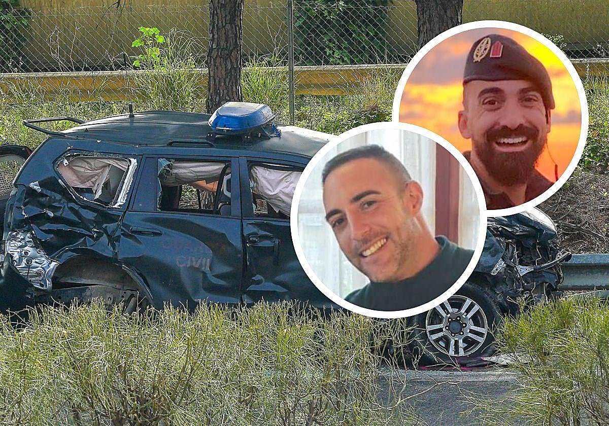 El camión accidentado junto a la indicación de la salida de Los Palacios