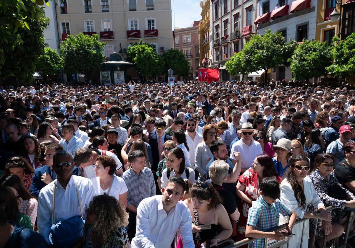 Aglomeración de público en la plaza del Salvador para la salida de la Borriquita el Domingo de Ramos