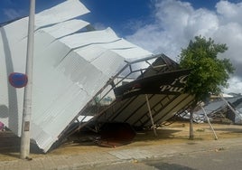 El paso de un pequeño tornado por Paradas causa daños importantes en el recinto ferial