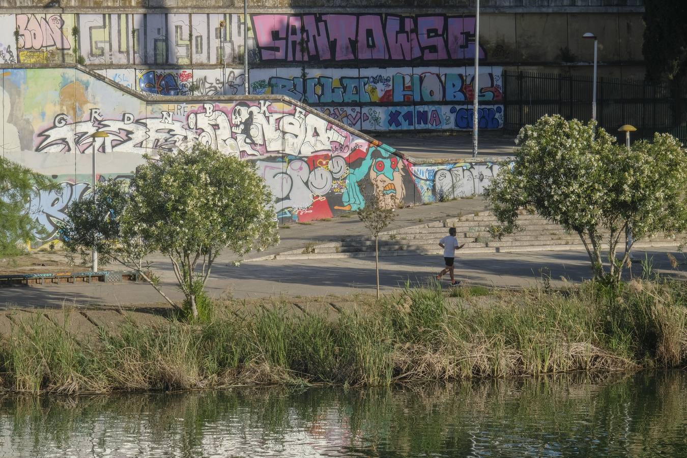 Deterioro y abandono en la orilla del río a su paso por La Cartuja y en el Paseo de Juan Carlos I