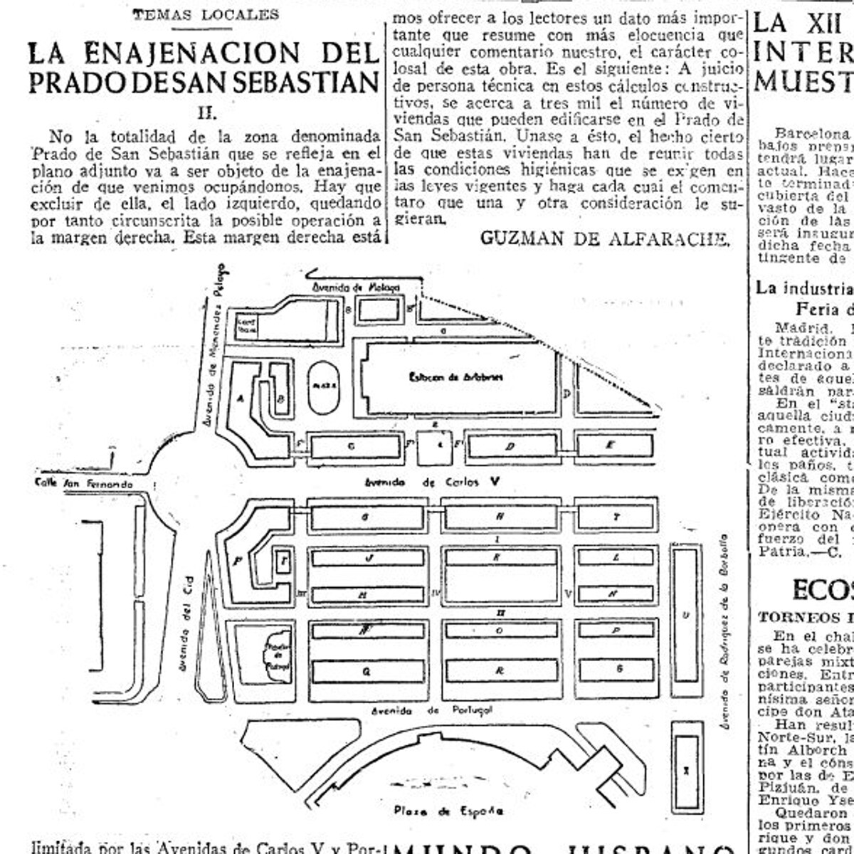 El plano con los lotes en que se había dividido el Prado para el concurso de enajenación de 1945