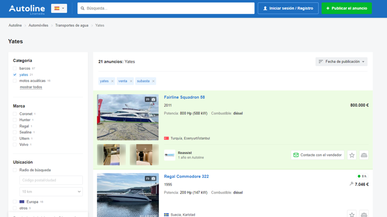 Listado de yates, kayaks y embarcaciones similares que salen a subasta en autoline.es