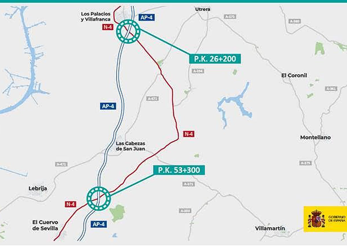 Detalle de la actuación de remodelación de los enlaces de la AP-4 con Los Palacios y El Cuervo