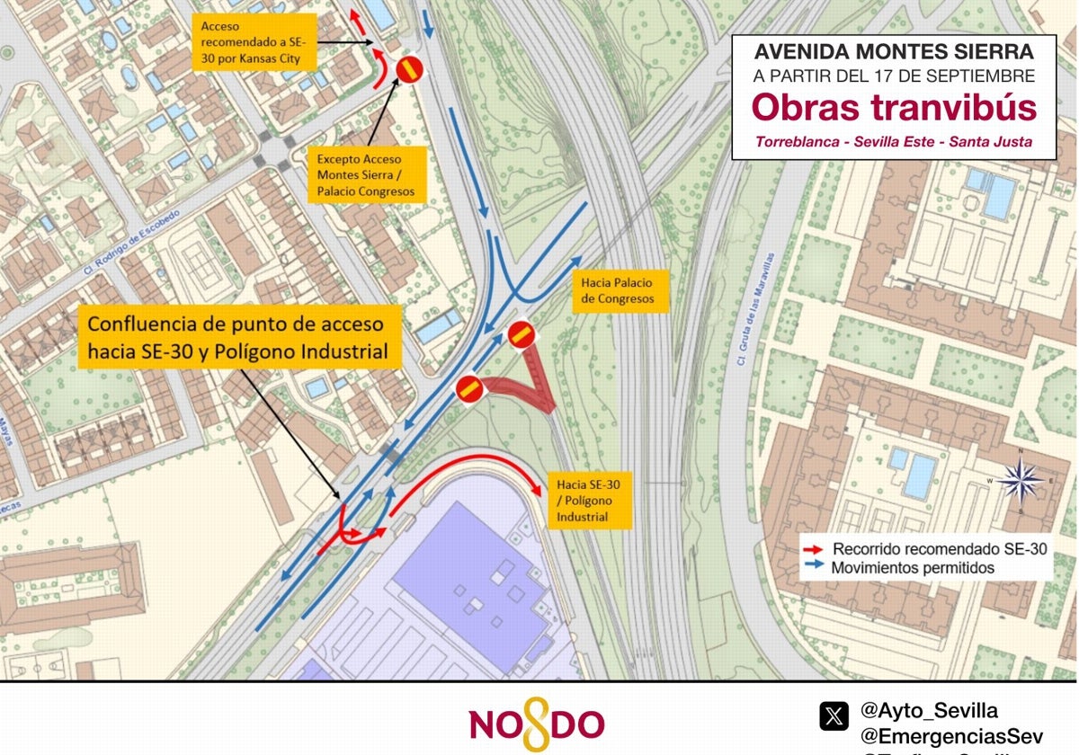 Nuevos cortes de tráfico por las obras del tranvibús en Sevilla Este